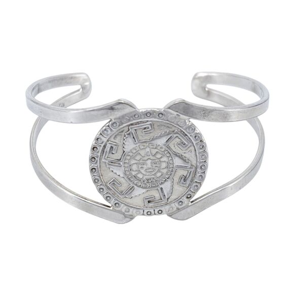 Vintage Mexico Sterling Silver 925 Aztec Sun Cuff Bracelet 6.5" - Picture 2 of 9